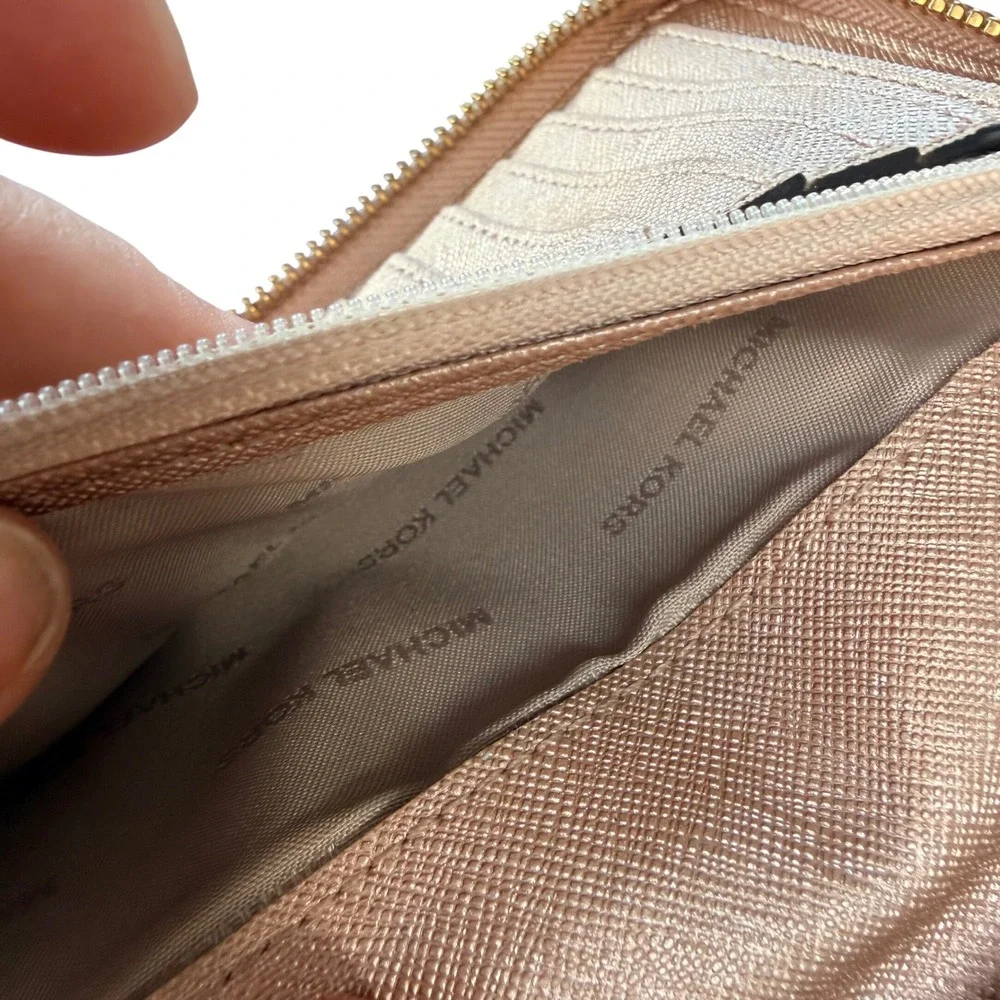 Michael Kors Wallet Rose Gold Glitter Zip Around Continental Wristlet Large Glam